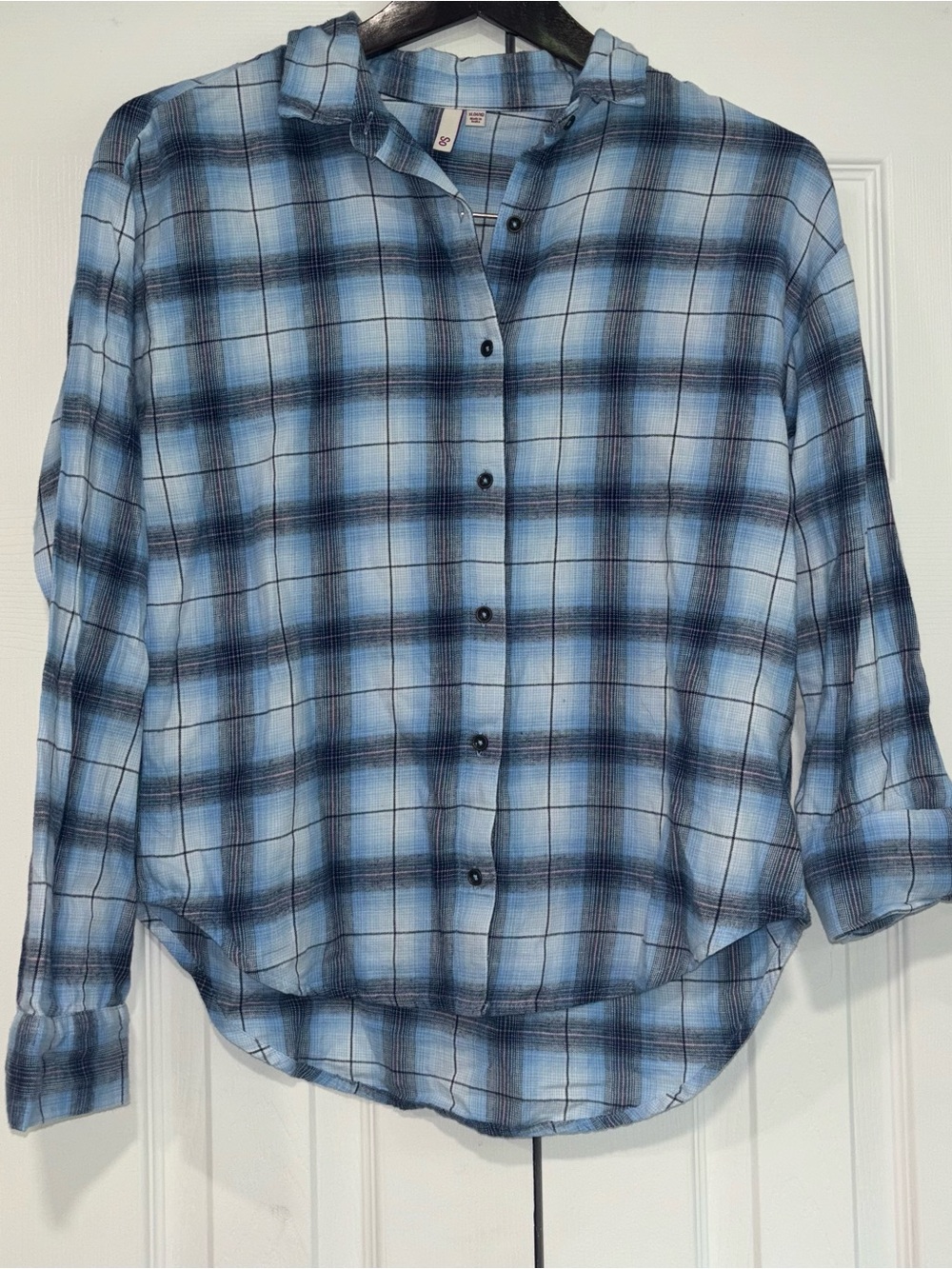 NWT SO Girls Blue Navy Plaid Long Sleeve Button-Down Shirt Pink Accents XL